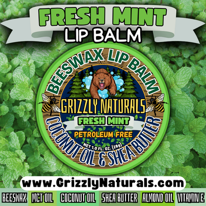 Fresh Mint - Beeswax Lip Balm With Shea Butter, Almond Oil, Coconut Oil, Vitamin E, and Natural Flavor  -  SCREW TOP METAL TIN