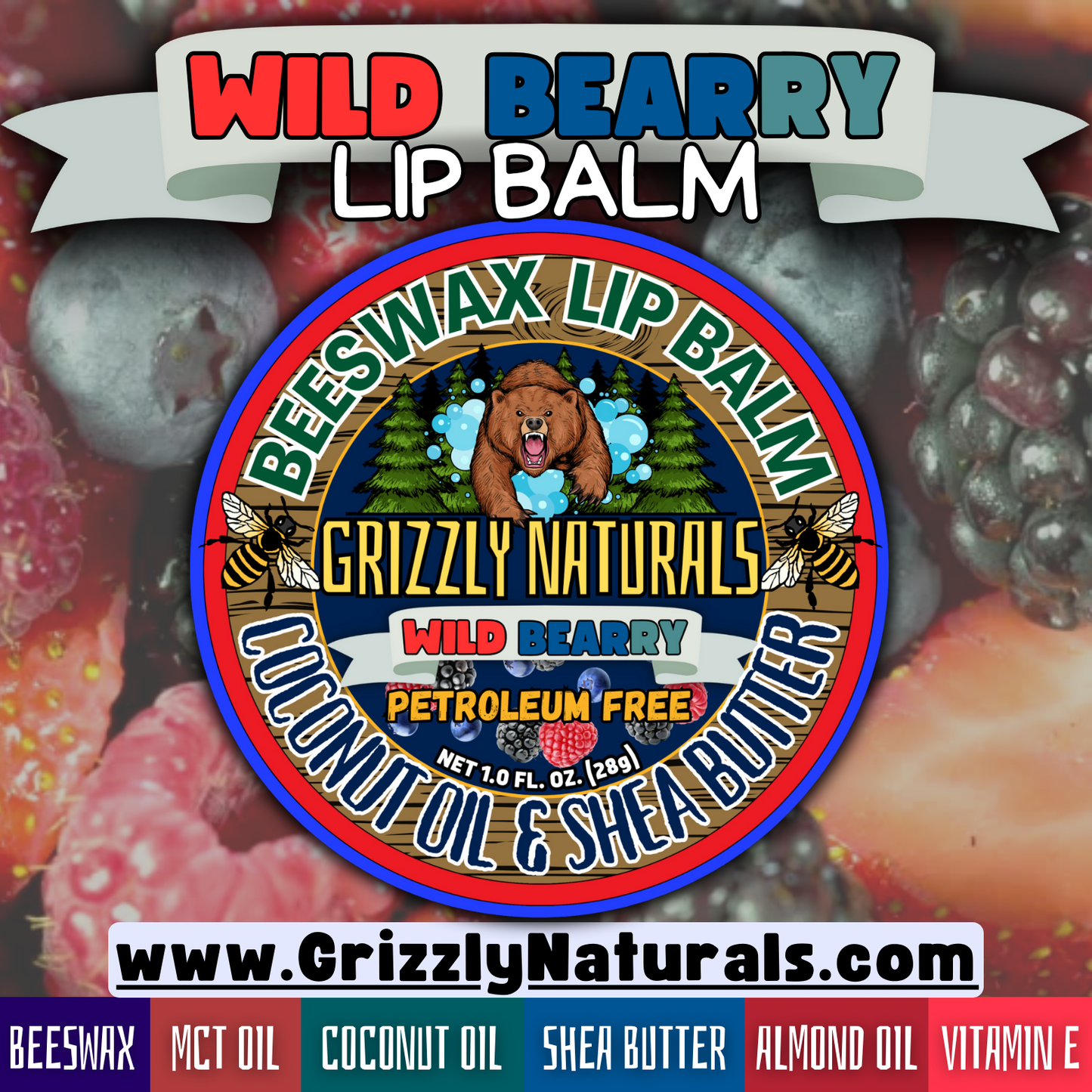 Wild Bearry - Beeswax Lip Balm With Shea Butter, Almond Oil, Coconut Oil, Vitamin E, and Natural Flavor  -  SCREW TOP METAL TIN