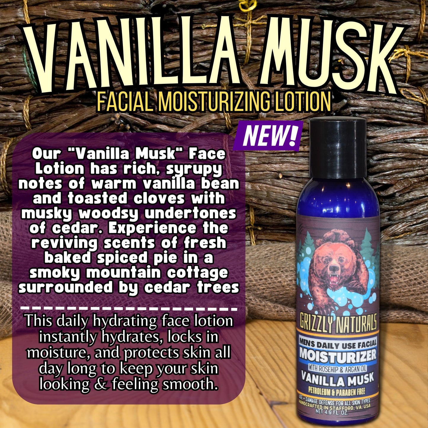 Vanilla Musk Face Lotion - Grizzly Naturals Soap Company